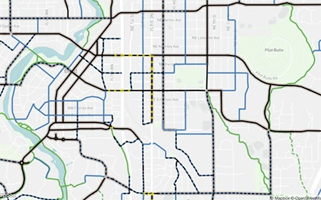 screenshot of a bike map with categorized routes of Bend